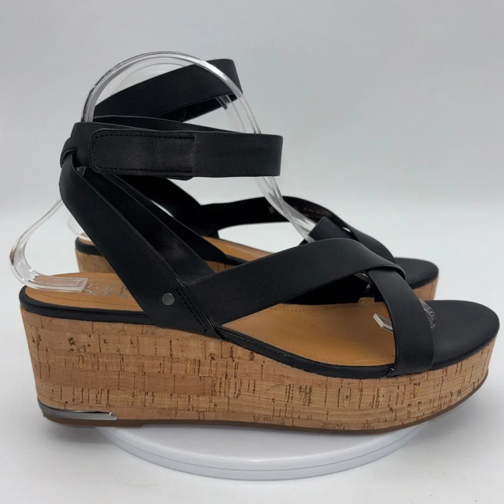 FRANCO‎ SARTO Black Wedge Shoe Sandal Heel Patty Women Strappy Cork Platform 9